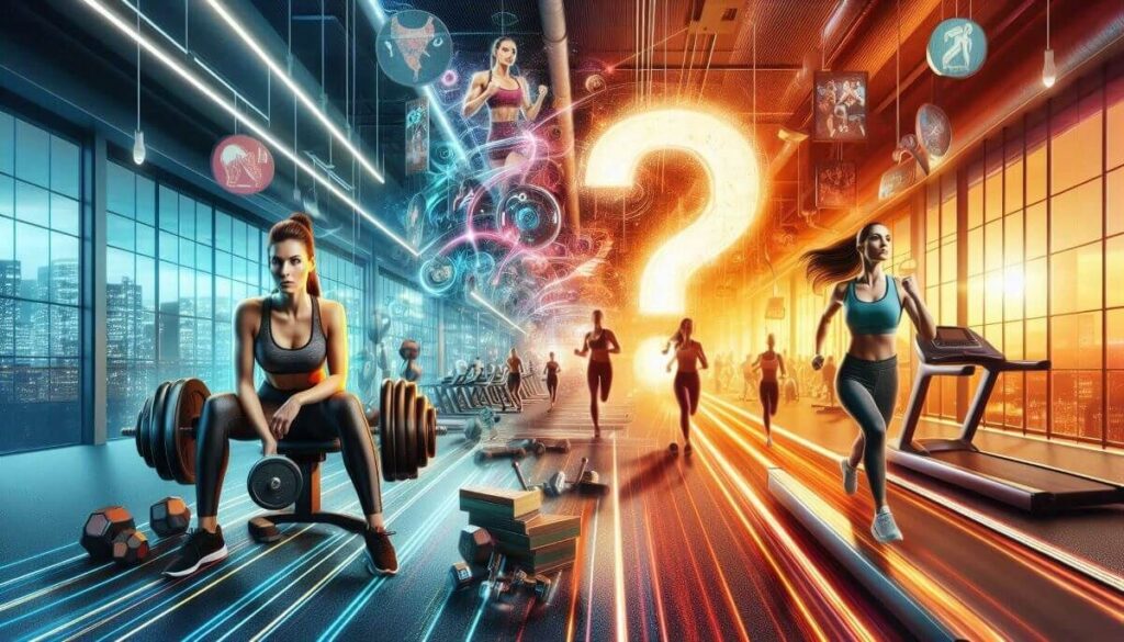 Musculação ou cardio para emagrecer: arte mostrando a dúvida entre treino de força e cardio.